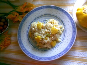 Heart shaped courgette risotto with flowers and sauteed heart cutouts 